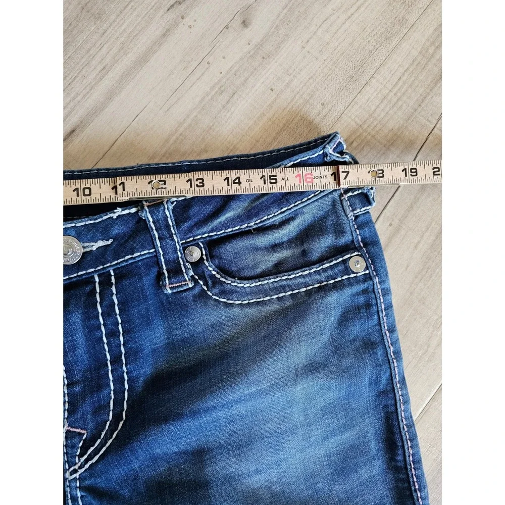 True Religion Super Skinny Mens Blue Distressed Jeans Size 33 White Stitching